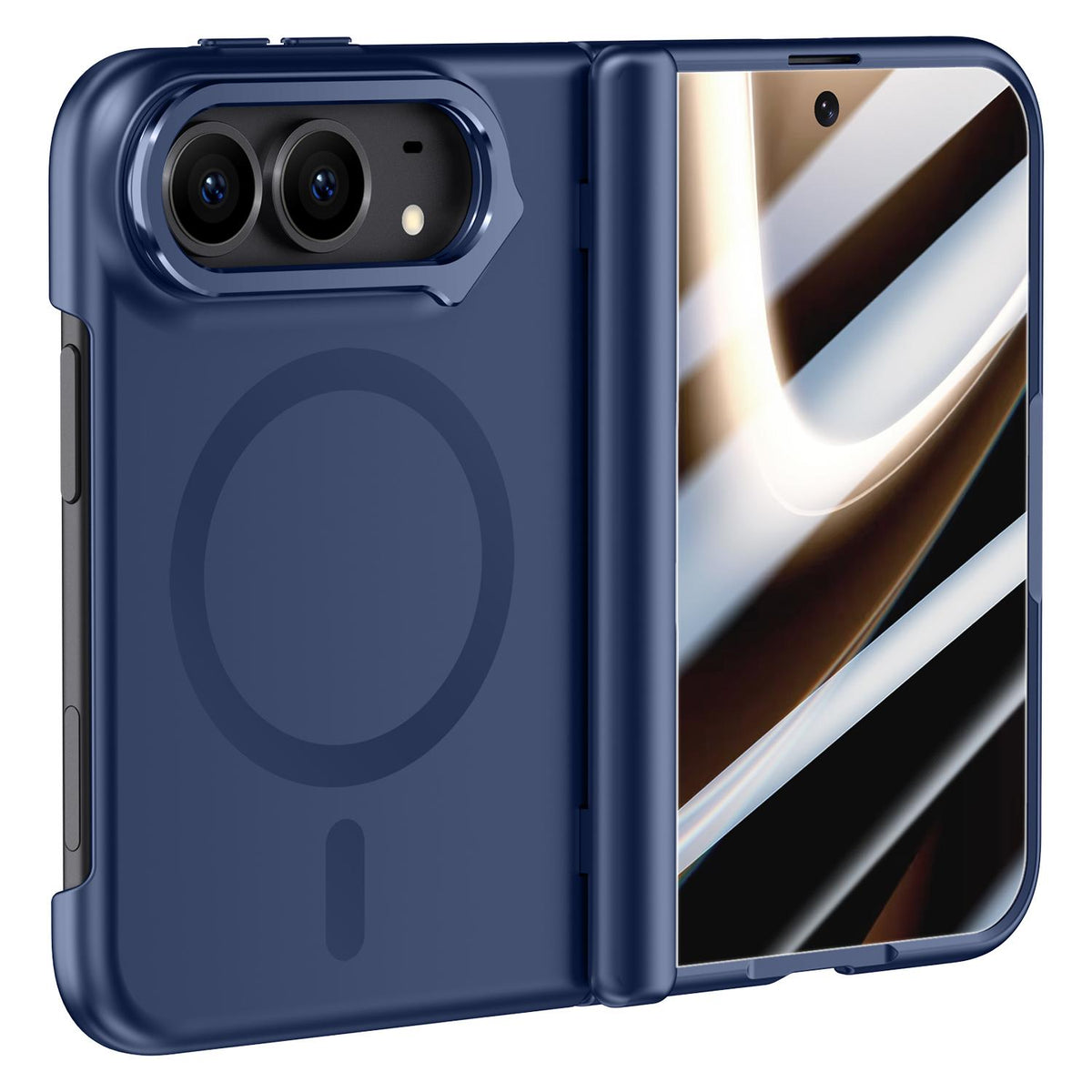 For iPhone Duo Crazy Series Integrated HD Film Skin Feel Center Axis Magnetic Phone Case with Lens Holder - Navy Blue - EDA010234001B