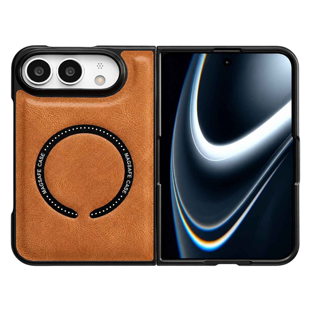 For iPhone Duo Crazy Horse Texture Magnetic Magsafe PU Phone Case - Orange - EDA010234201A