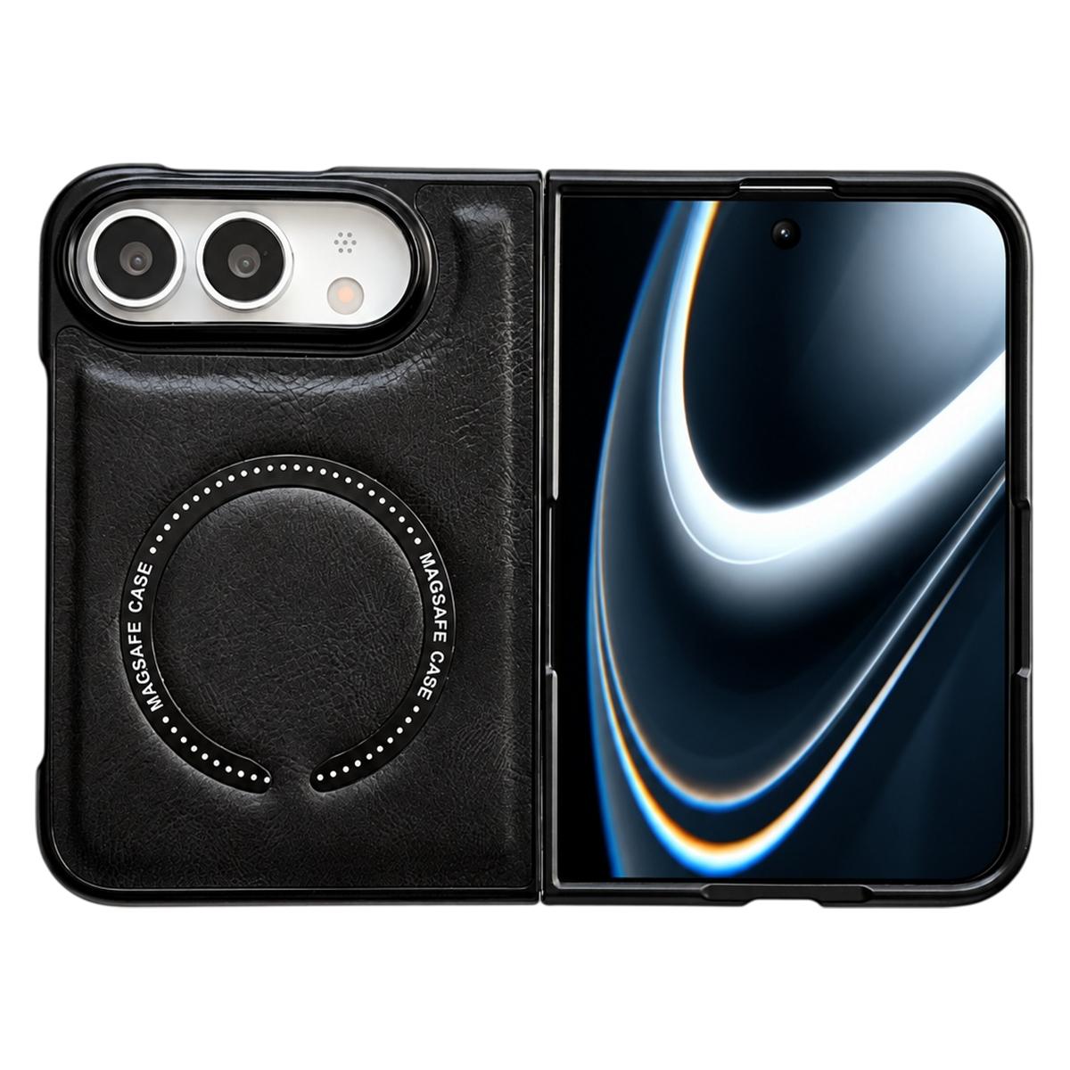 For iPhone Duo Crazy Horse Texture Magnetic Magsafe PU Phone Case - Black - EDA010234201C