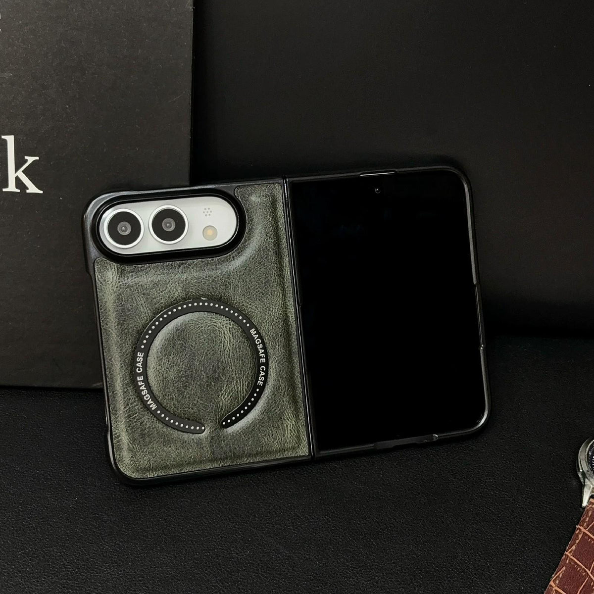 For iPhone Duo Crazy Horse Texture Magnetic Magsafe PU Phone Case - Green - EDA010234201D