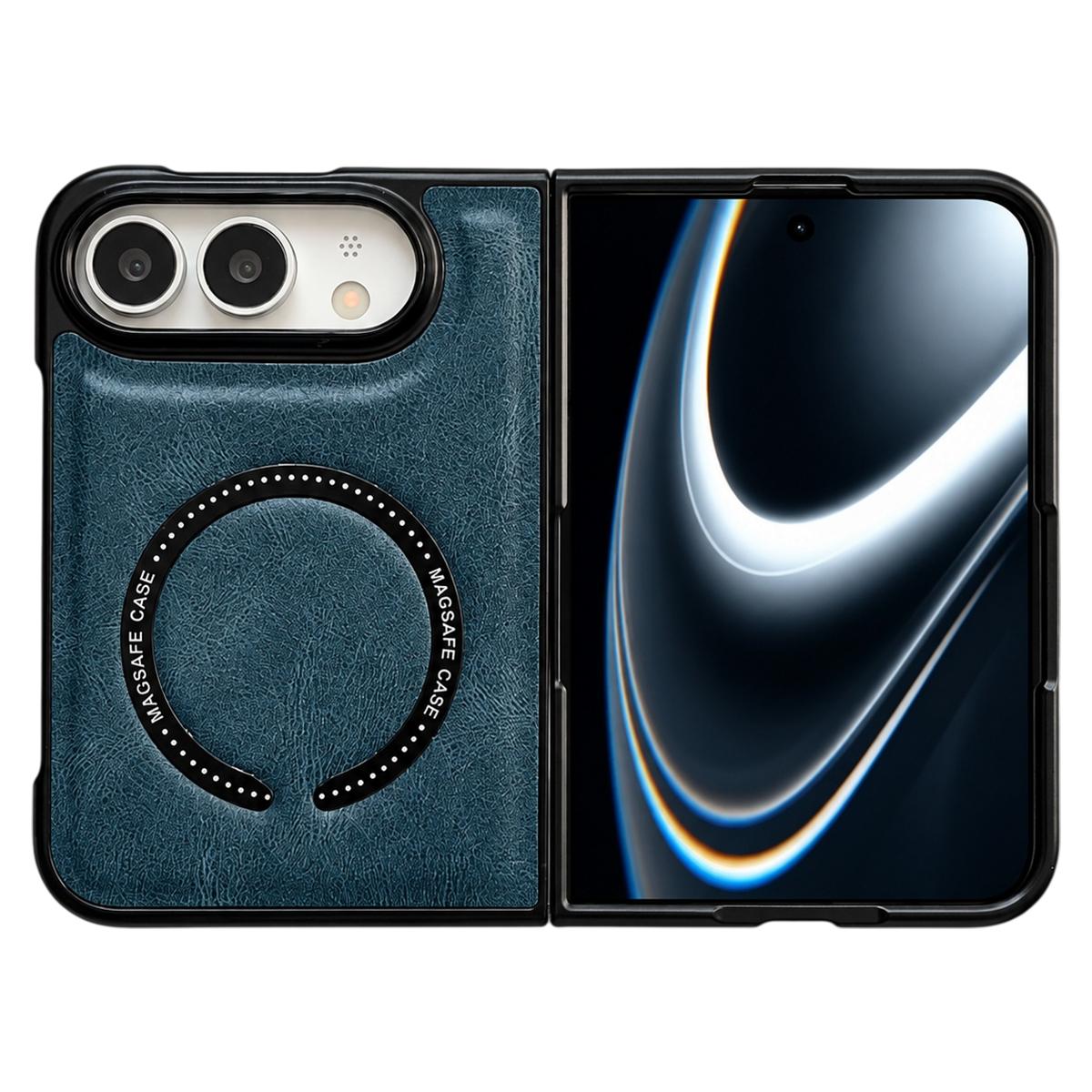 For iPhone Duo Crazy Horse Texture Magnetic Magsafe PU Phone Case - Blue - EDA010234201E