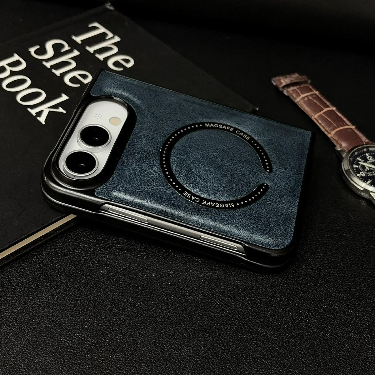 For iPhone Duo Crazy Horse Texture Magnetic Magsafe PU Phone Case - Blue - EDA010234201E
