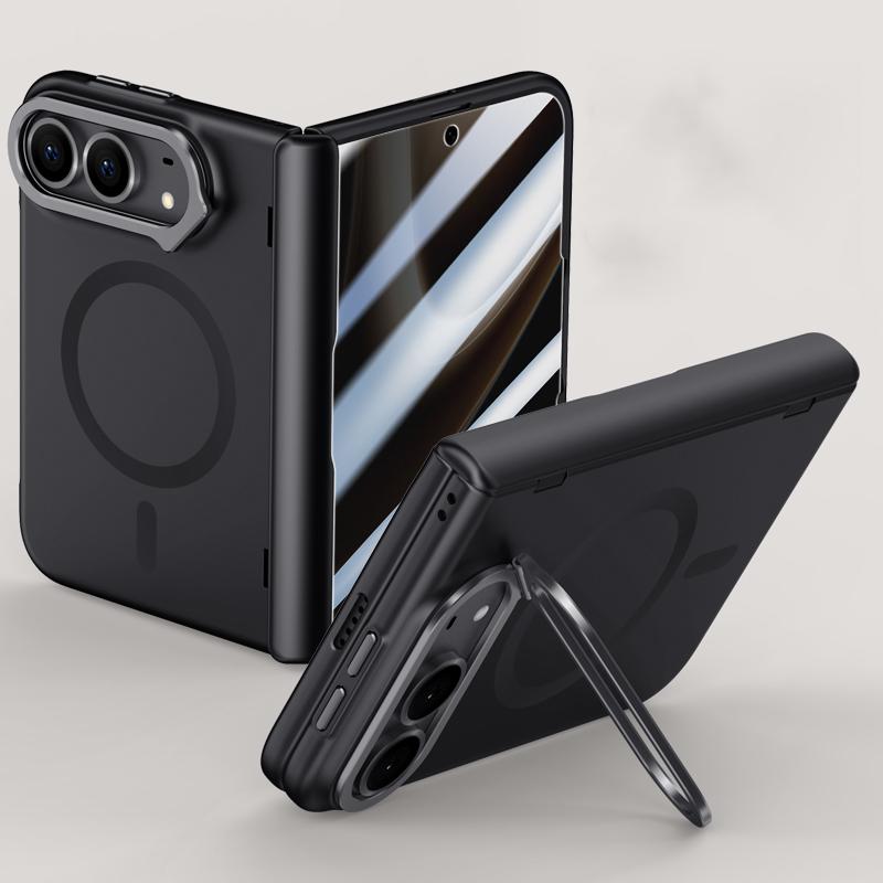 For iPhone Duo Crazy Series Integrated Privacy Film Skin Feel Center Axis Magnetic Phone Case with Lens Holder - Black - EDA010234301A