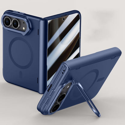 For iPhone Duo Crazy Series Integrated Privacy Film Skin Feel Center Axis Magnetic Phone Case with Lens Holder - Navy Blue - EDA010234301B