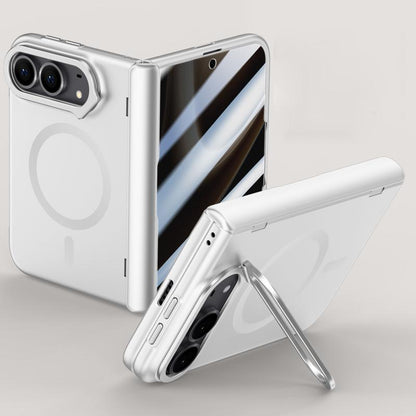 For iPhone Duo Crazy Series Integrated Privacy Film Skin Feel Center Axis Magnetic Phone Case with Lens Holder - Silver - EDA010234301C