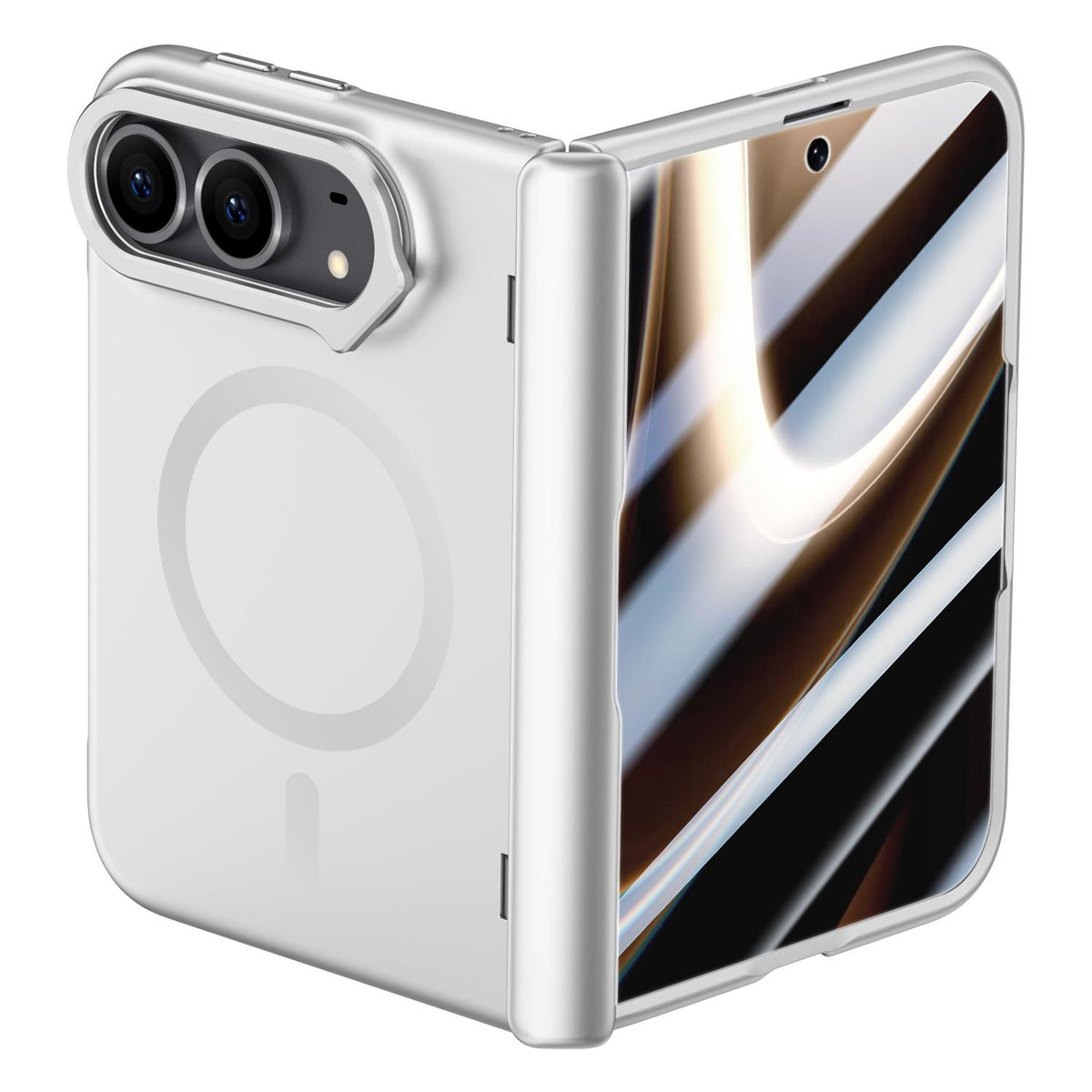 For iPhone Duo Crazy Series Integrated Privacy Film Skin Feel Center Axis Magnetic Phone Case with Lens Holder - Silver - EDA010234301C