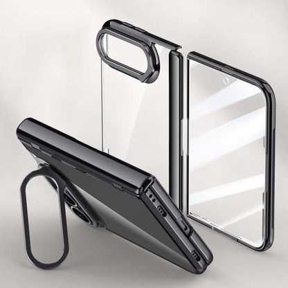 For iPhone Duo Icebreaking Series Integrated HD Film Electroplated Crystal Clear Center Axis Phone Case with Lens Holder - Black - EDA010235801A