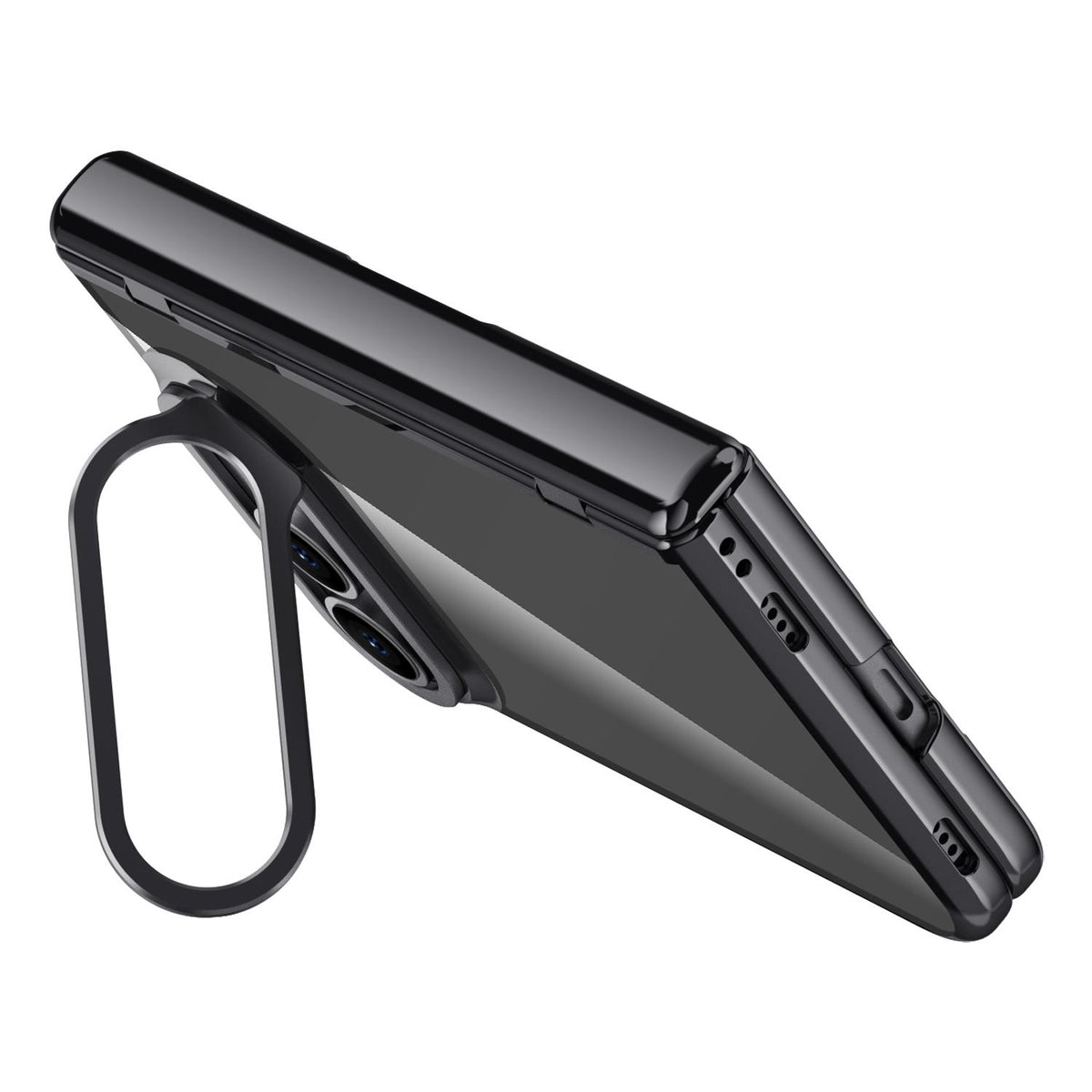 For iPhone Duo Icebreaking Series Integrated HD Film Electroplated Crystal Clear Center Axis Phone Case with Lens Holder - Black - EDA010235801A