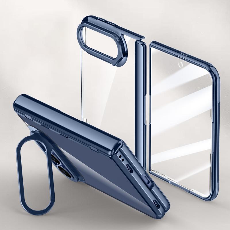 For iPhone Duo Icebreaking Series Integrated HD Film Electroplated Crystal Clear Center Axis Phone Case with Lens Holder - Navy Blue - EDA010235801B