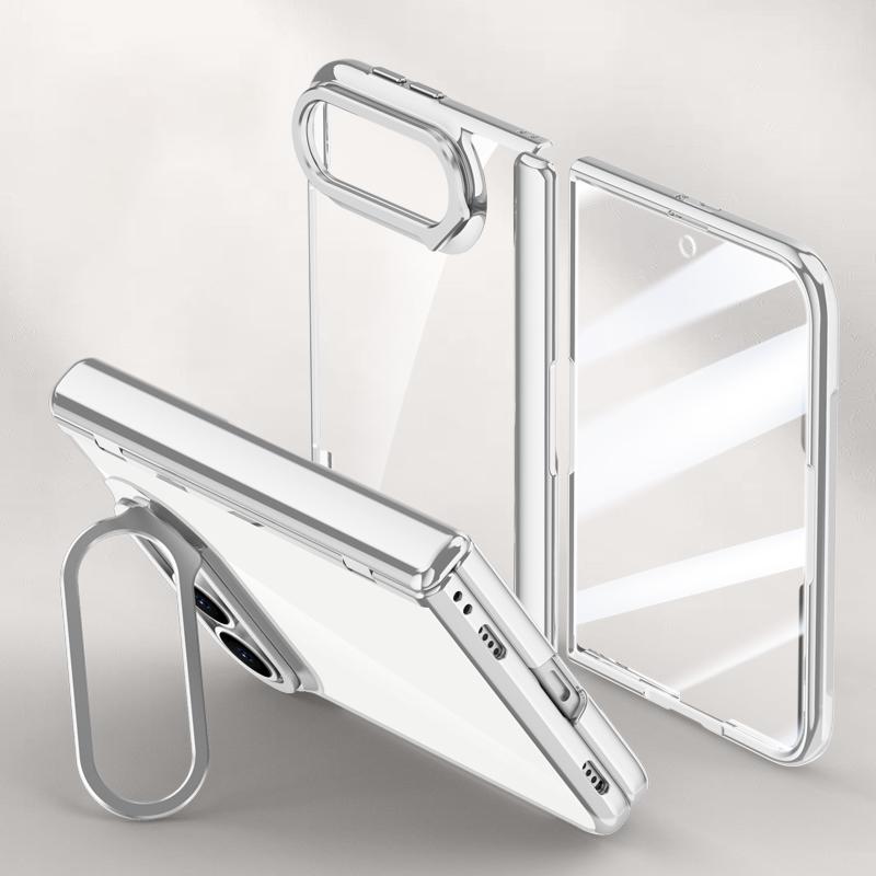 For iPhone Duo Icebreaking Series Integrated HD Film Electroplated Crystal Clear Center Axis Phone Case with Lens Holder - Silver - EDA010235801C