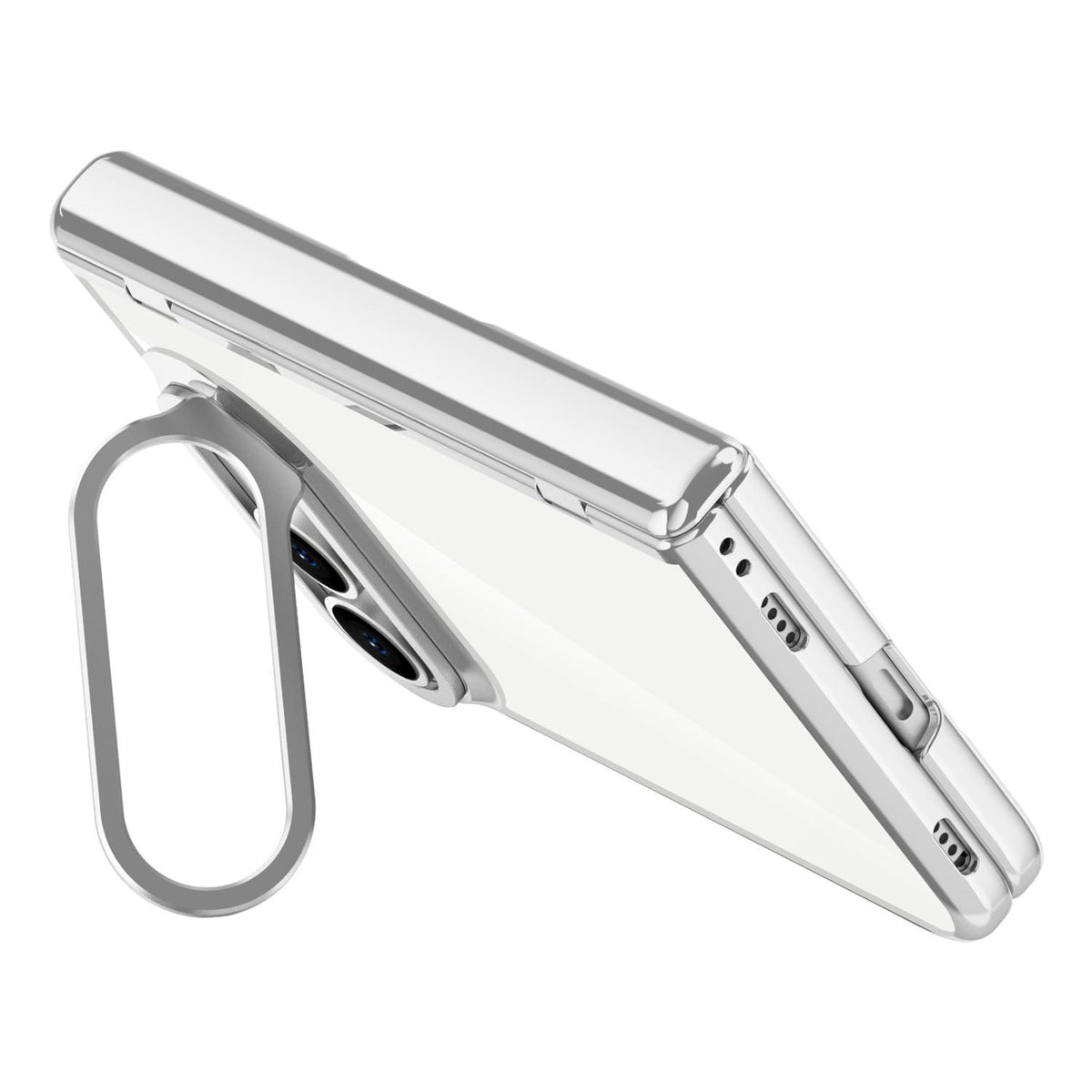 For iPhone Duo Icebreaking Series Integrated HD Film Electroplated Crystal Clear Center Axis Phone Case with Lens Holder - Silver - EDA010235801C