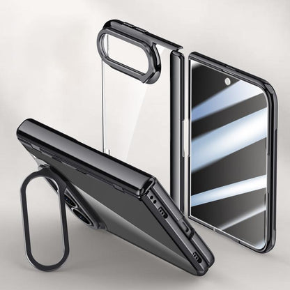 For iPhone Duo Icebreaking Series Integrated Privacy Film Electroplated Crystal Clear Center Axis Phone Case with Lens Holder - Black - EDA010235901A