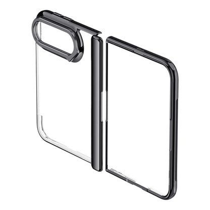 For iPhone Duo Icebreaking Series Integrated Privacy Film Electroplated Crystal Clear Center Axis Phone Case with Lens Holder - Black - EDA010235901A