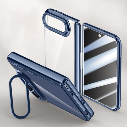 For iPhone Duo Icebreaking Series Integrated Privacy Film Electroplated Crystal Clear Center Axis Phone Case with Lens Holder - Navy Blue - EDA010235901B