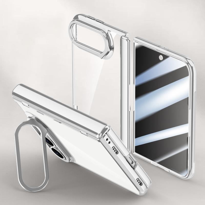 For iPhone Duo Icebreaking Series Integrated Privacy Film Electroplated Crystal Clear Center Axis Phone Case with Lens Holder - Silver - EDA010235901C