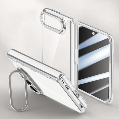For iPhone Duo Icebreaking Series Integrated Privacy Film Electroplated Crystal Clear Center Axis Phone Case with Lens Holder - Silver - EDA010235901C
