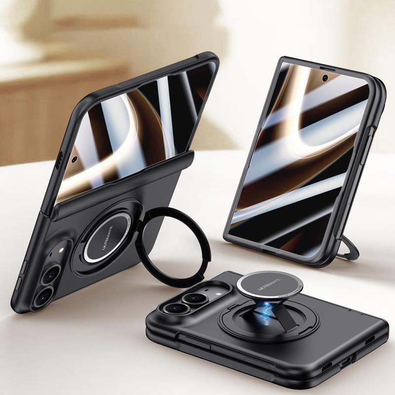 For iPhone Duo Premium Series Integrated HD Film Center Axis Full Coverage Magnetic Phone Case with Wrist Strap & Ring Holder - Black - EDA010237001A