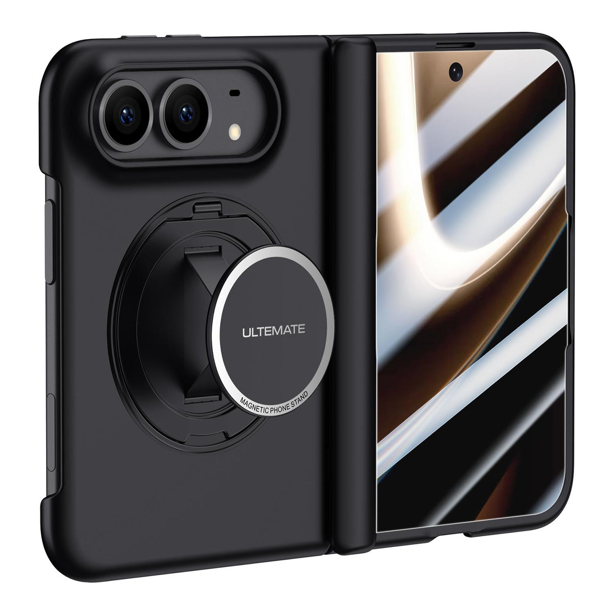 For iPhone Duo Premium Series Integrated HD Film Center Axis Full Coverage Magnetic Phone Case with Wrist Strap & Ring Holder - Black - EDA010237001A
