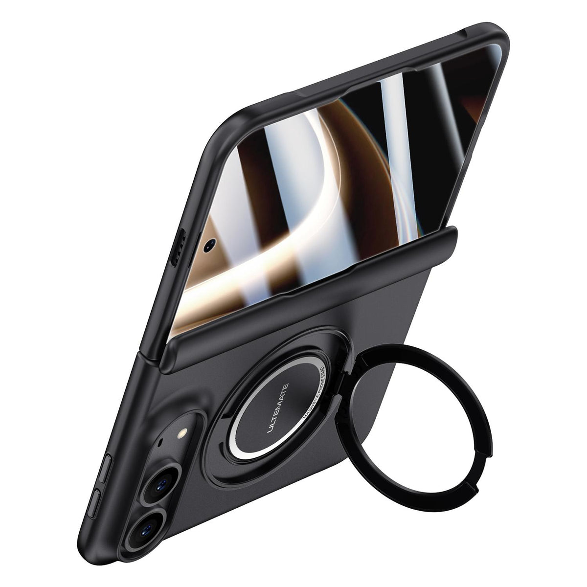For iPhone Duo Premium Series Integrated HD Film Center Axis Full Coverage Magnetic Phone Case with Wrist Strap & Ring Holder - Black - EDA010237001A