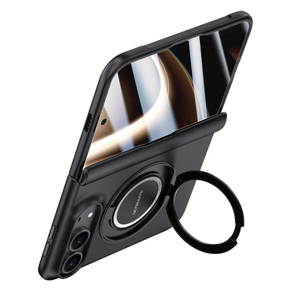 For iPhone Duo Premium Series Integrated HD Film Center Axis Full Coverage Magnetic Phone Case with Wrist Strap & Ring Holder - Black - EDA010237001A