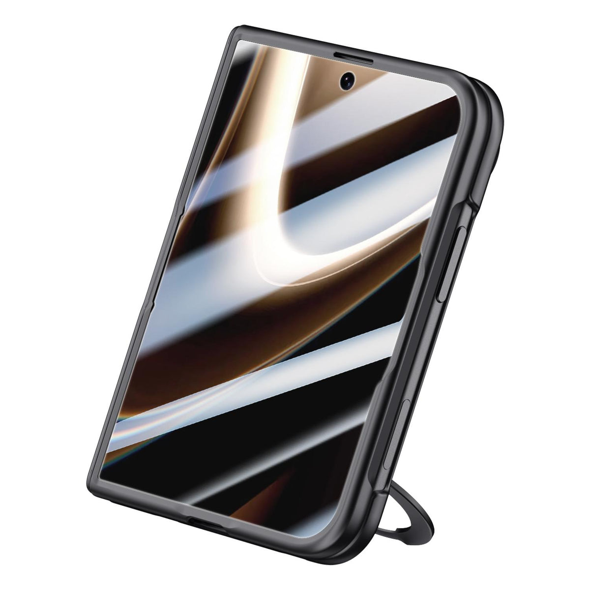For iPhone Duo Premium Series Integrated HD Film Center Axis Full Coverage Magnetic Phone Case with Wrist Strap & Ring Holder - Black - EDA010237001A