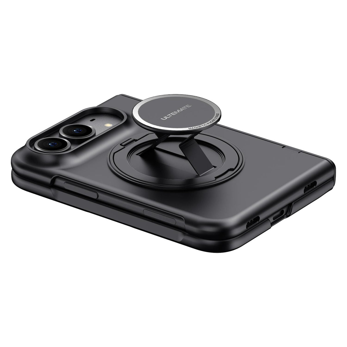 For iPhone Duo Premium Series Integrated HD Film Center Axis Full Coverage Magnetic Phone Case with Wrist Strap & Ring Holder - Black - EDA010237001A