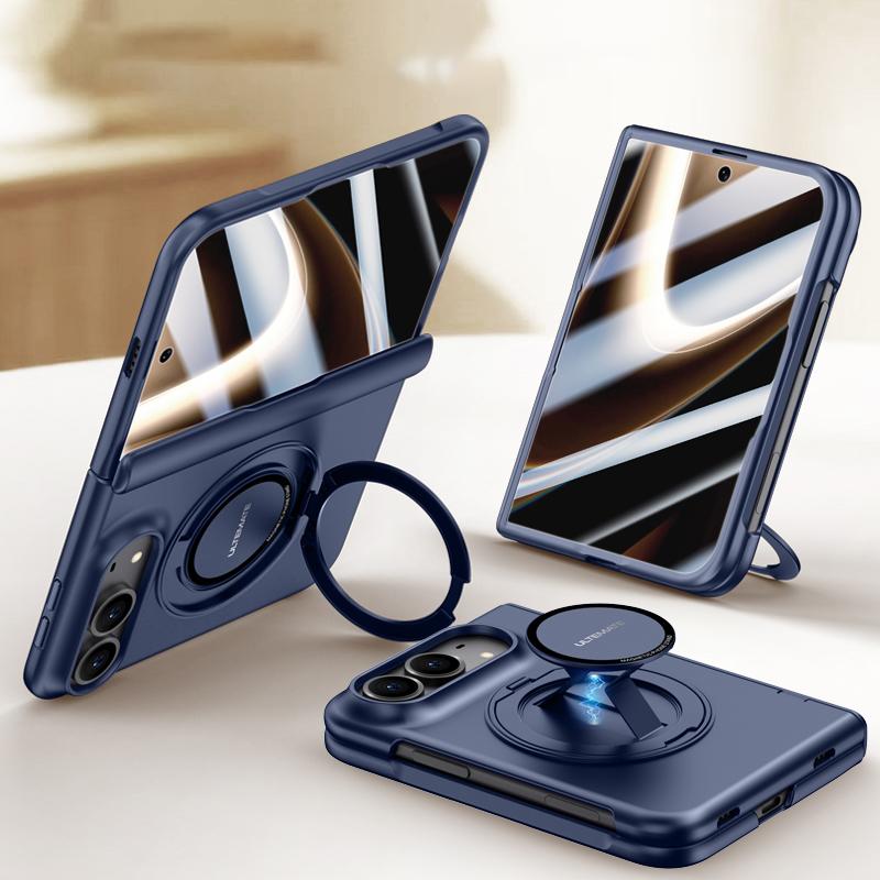 For iPhone Duo Premium Series Integrated HD Film Center Axis Full Coverage Magnetic Phone Case with Wrist Strap & Ring Holder - Navy Blue - EDA010237001B