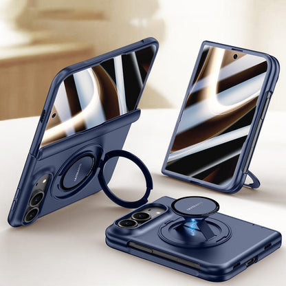 For iPhone Duo Premium Series Integrated HD Film Center Axis Full Coverage Magnetic Phone Case with Wrist Strap & Ring Holder - Navy Blue - EDA010237001B