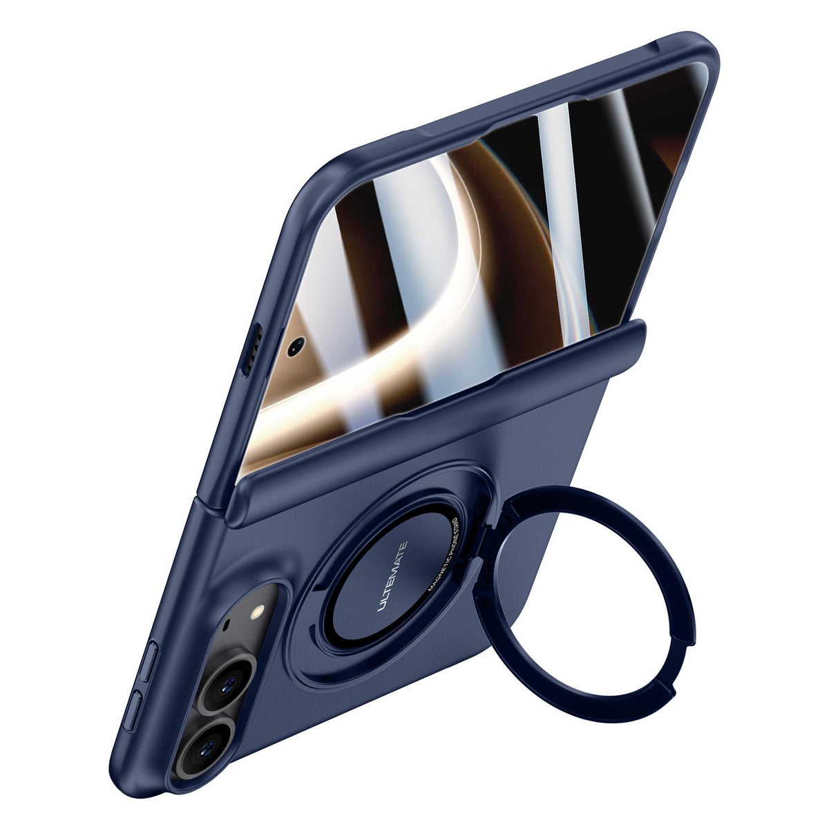 For iPhone Duo Premium Series Integrated HD Film Center Axis Full Coverage Magnetic Phone Case with Wrist Strap & Ring Holder - Navy Blue - EDA010237001B