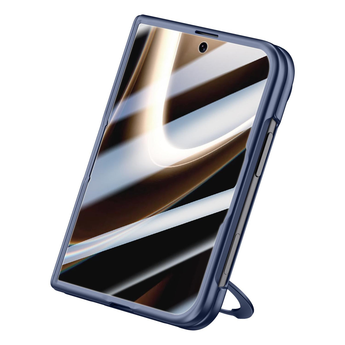 For iPhone Duo Premium Series Integrated HD Film Center Axis Full Coverage Magnetic Phone Case with Wrist Strap & Ring Holder - Navy Blue - EDA010237001B