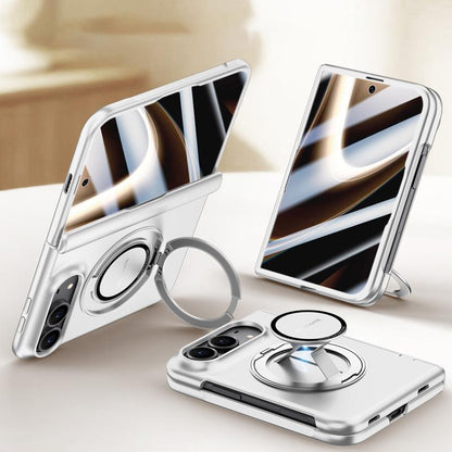 For iPhone Duo Premium Series Integrated HD Film Center Axis Full Coverage Magnetic Phone Case with Wrist Strap & Ring Holder - Silver - EDA010237001C