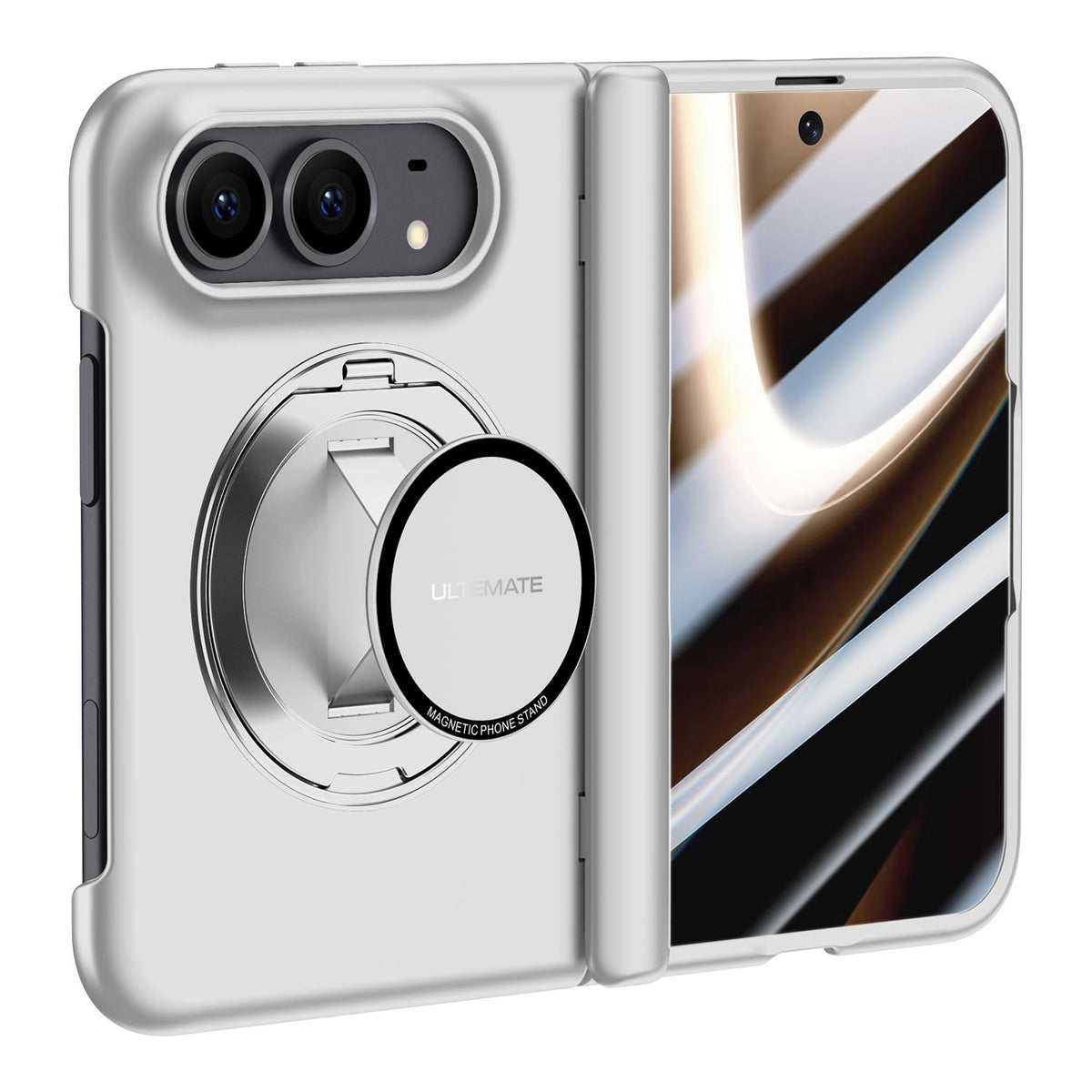 For iPhone Duo Premium Series Integrated HD Film Center Axis Full Coverage Magnetic Phone Case with Wrist Strap & Ring Holder - Silver - EDA010237001C