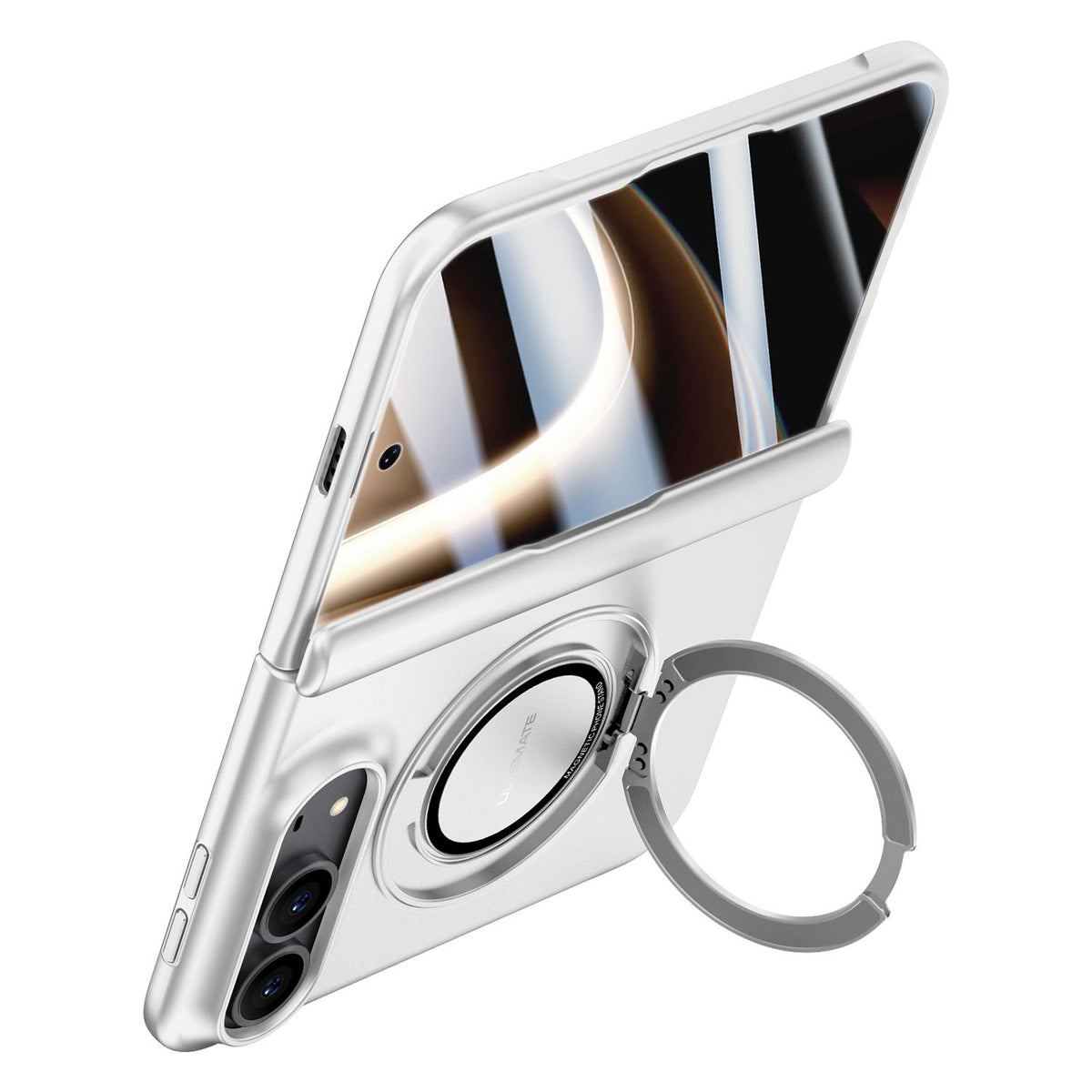 For iPhone Duo Premium Series Integrated HD Film Center Axis Full Coverage Magnetic Phone Case with Wrist Strap & Ring Holder - Silver - EDA010237001C