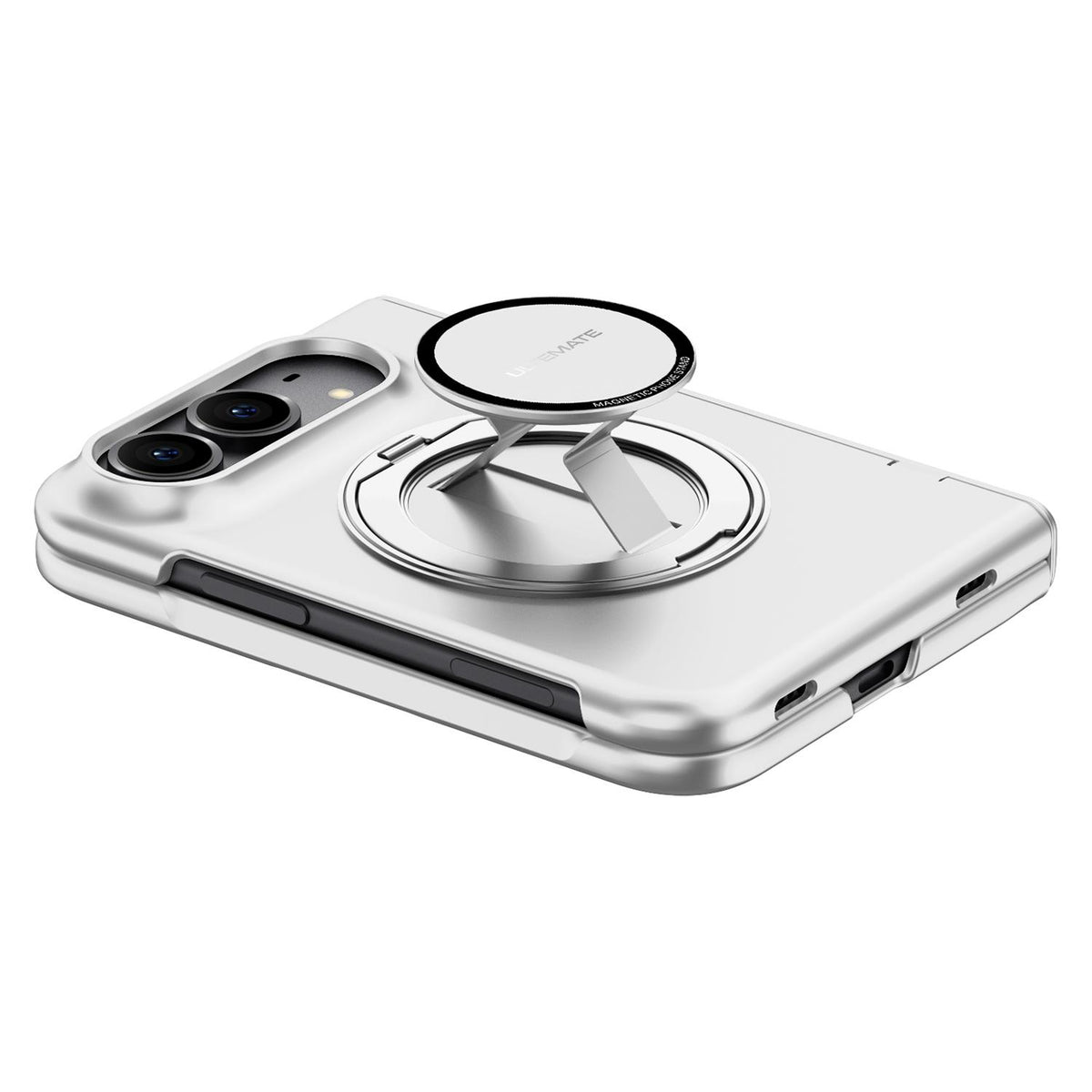 For iPhone Duo Premium Series Integrated HD Film Center Axis Full Coverage Magnetic Phone Case with Wrist Strap & Ring Holder - Silver - EDA010237001C