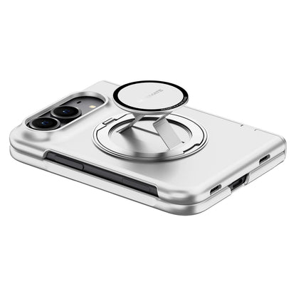 For iPhone Duo Premium Series Integrated HD Film Center Axis Full Coverage Magnetic Phone Case with Wrist Strap & Ring Holder - Silver - EDA010237001C
