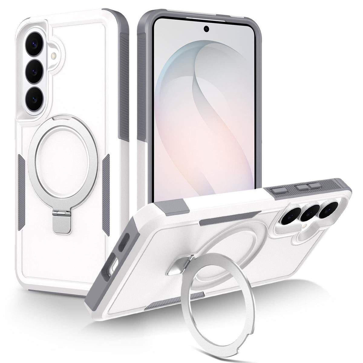 For Galaxy S26 FE 5G Shockproof Protective TPU Hybrid PC Ring Holder Magnetic Phone Case - White - EDA010237609D