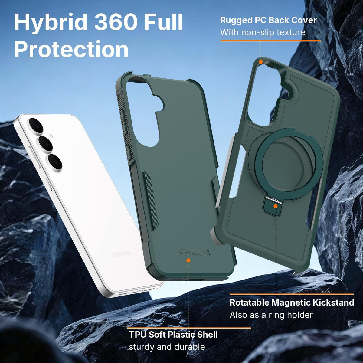 For Galaxy S26 FE 5G Shockproof Protective TPU Hybrid PC Ring Holder Magnetic Phone Case - White - EDA010237609D