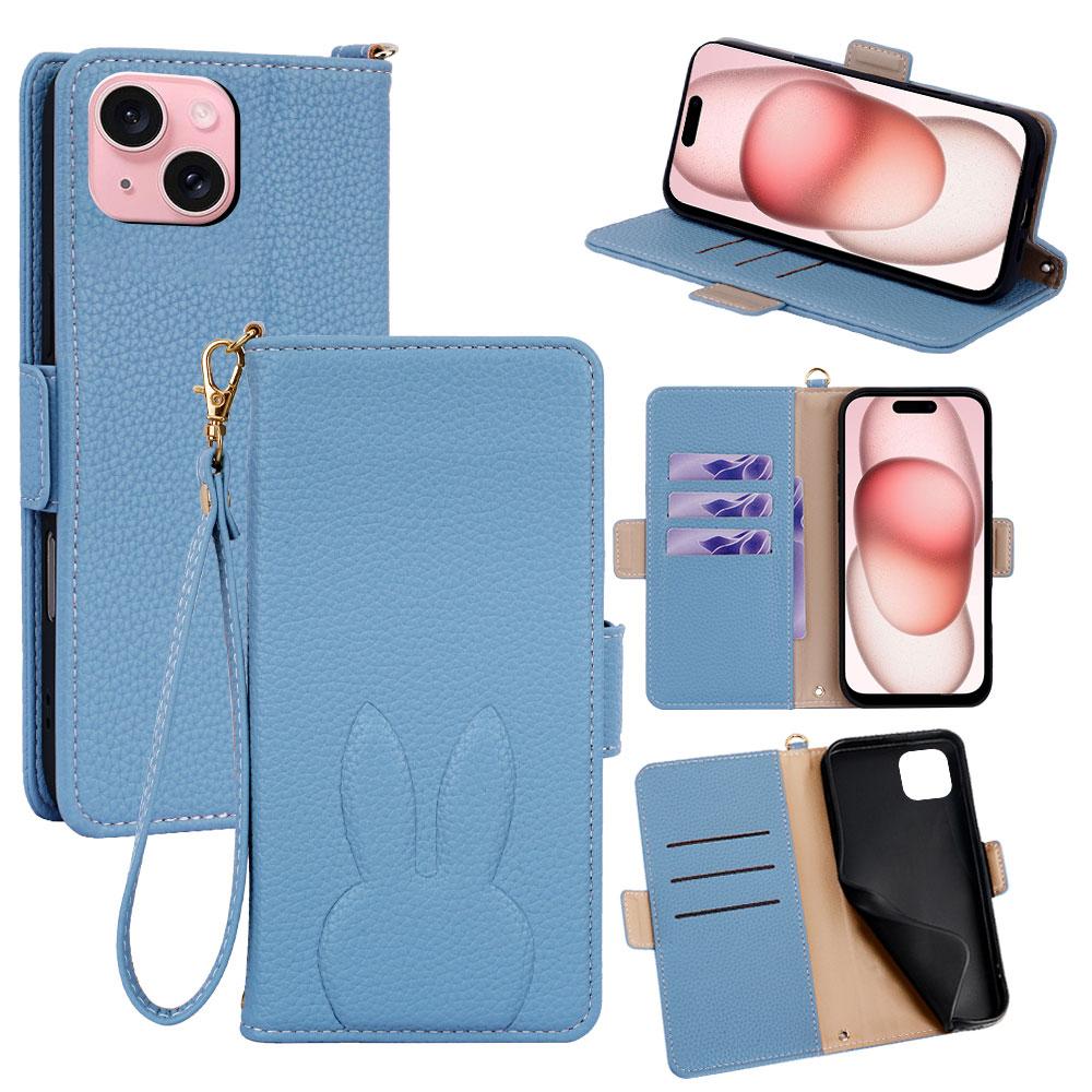 For iPhone 15 Bunny Ears Side Magnetic Clasp Vegan Leather Phone Case with Wrist Strap - Blue - EDA010237912A
