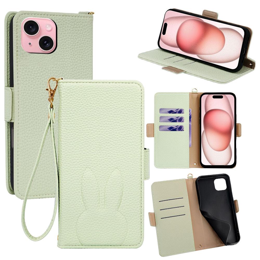 For iPhone 15 Bunny Ears Side Magnetic Clasp Vegan Leather Phone Case with Wrist Strap - Green - EDA010237912B