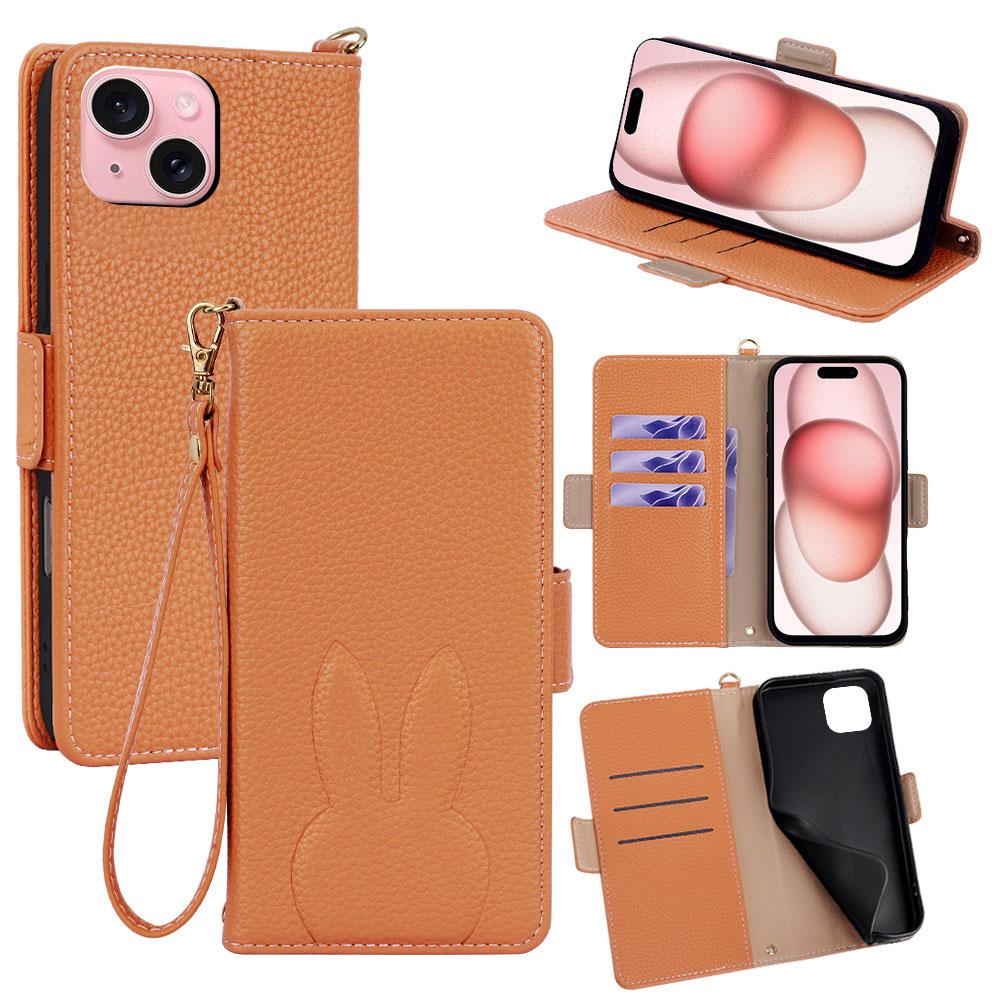 For iPhone 15 Bunny Ears Side Magnetic Clasp Vegan Leather Phone Case with Wrist Strap - Brown - EDA010237912C