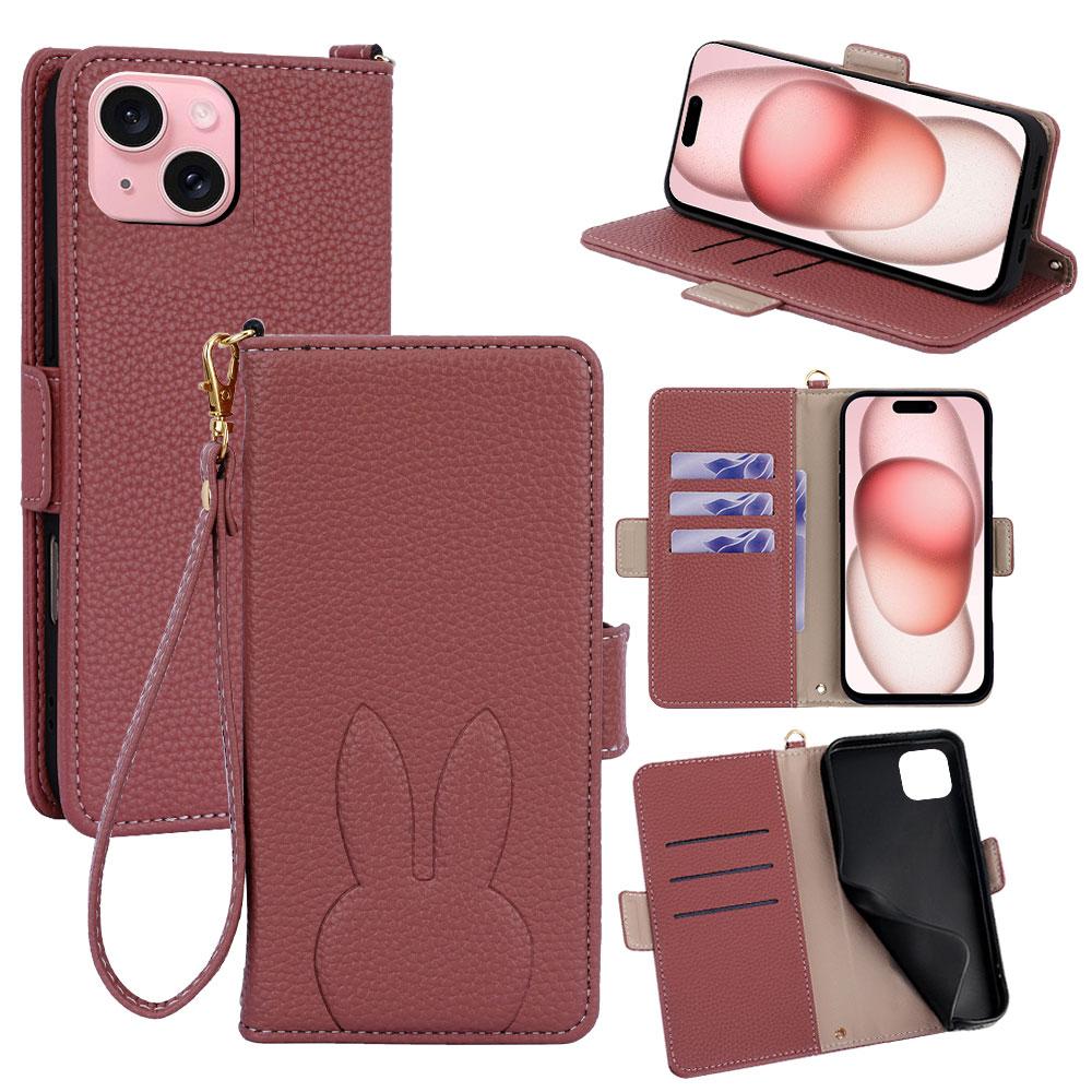 For iPhone 15 Bunny Ears Side Magnetic Clasp Vegan Leather Phone Case with Wrist Strap - Red - EDA010237912D