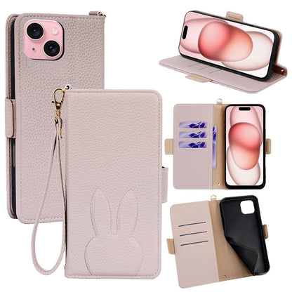 For iPhone 15 Bunny Ears Side Magnetic Clasp Vegan Leather Phone Case with Wrist Strap - Light Pink - EDA010237912E
