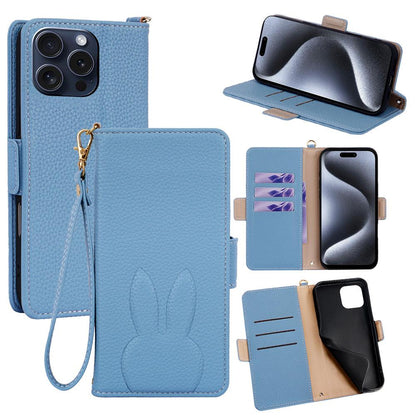 For iPhone 15 Pro Bunny Ears Side Magnetic Clasp Vegan Leather Phone Case with Wrist Strap - Blue - EDA010237913A