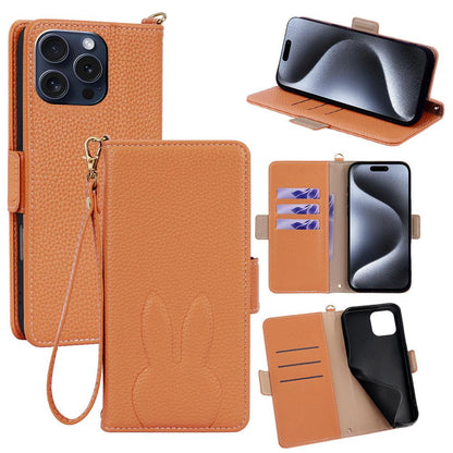 For iPhone 15 Pro Bunny Ears Side Magnetic Clasp Vegan Leather Phone Case with Wrist Strap - Brown - EDA010237913C
