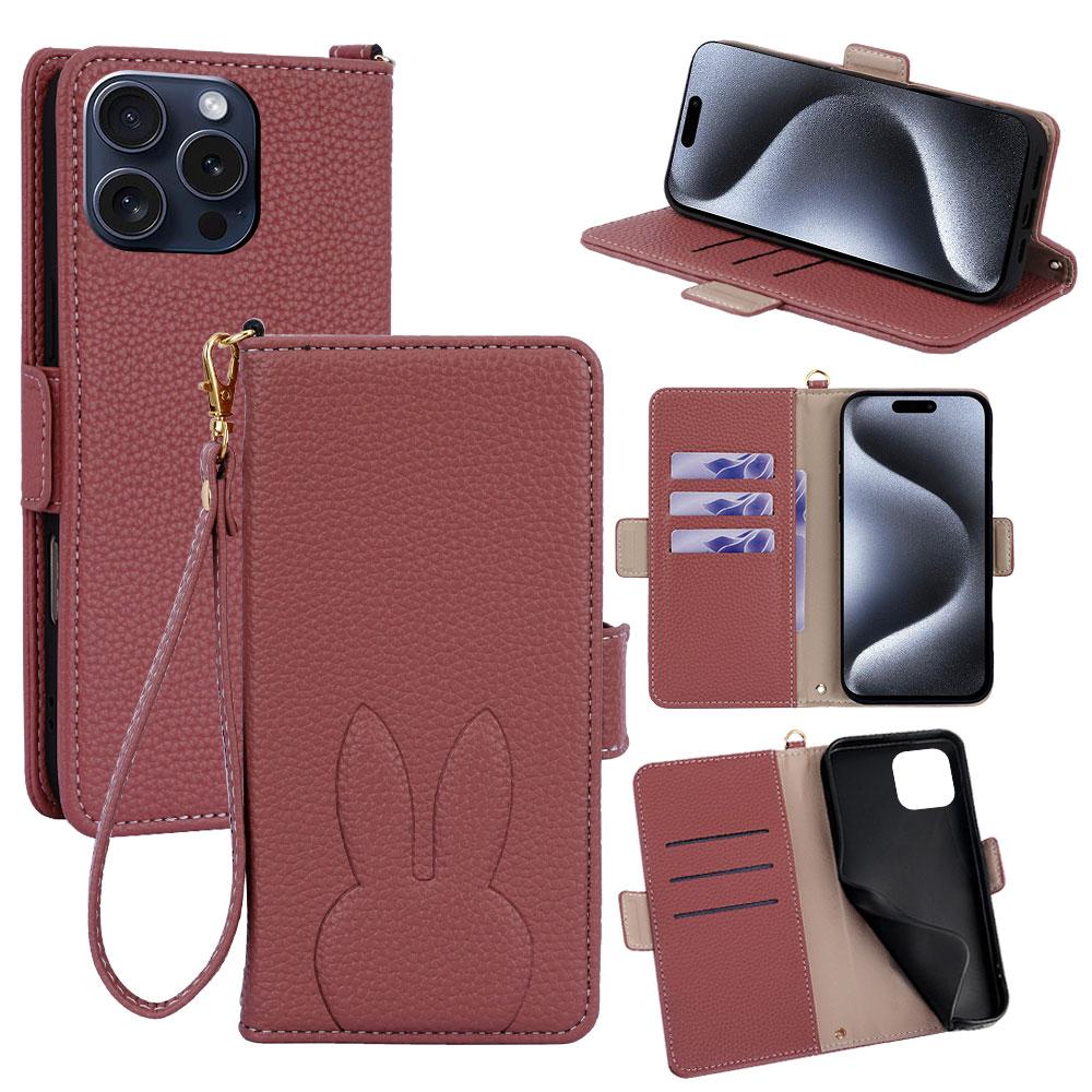 For iPhone 15 Pro Bunny Ears Side Magnetic Clasp Vegan Leather Phone Case with Wrist Strap - Red - EDA010237913D