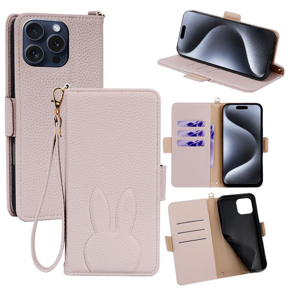 For iPhone 15 Pro Bunny Ears Side Magnetic Clasp Vegan Leather Phone Case with Wrist Strap - Light Pink - EDA010237913E