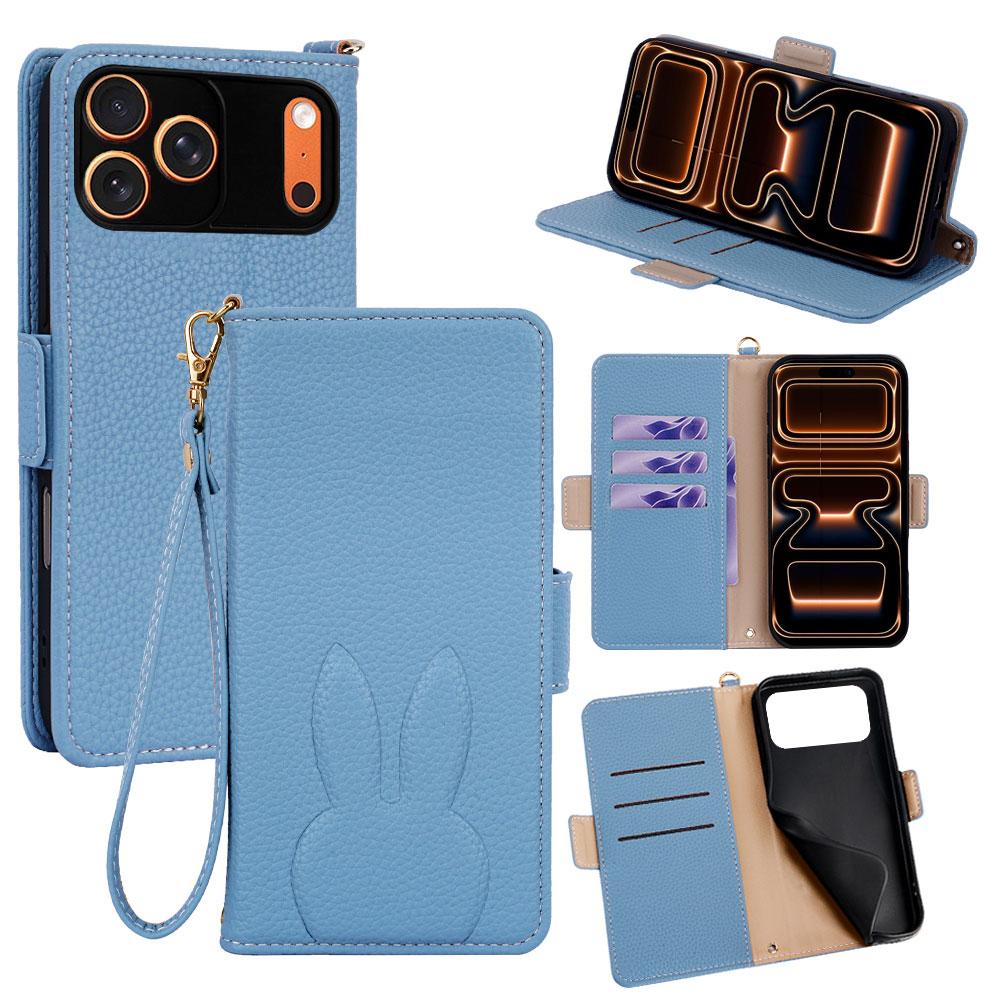 For iPhone 18 Pro Max / 17 Pro Max Bunny Ears Side Magnetic Clasp Vegan Leather Phone Case with Wrist Strap - Blue - EDA010237917A