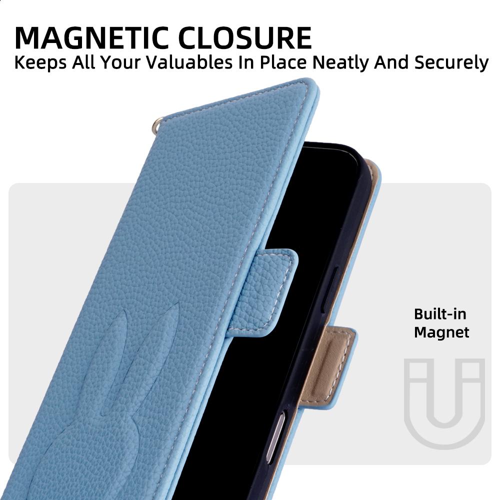 For iPhone 18 Pro Max / 17 Pro Max Bunny Ears Side Magnetic Clasp Vegan Leather Phone Case with Wrist Strap - Blue - EDA010237917A