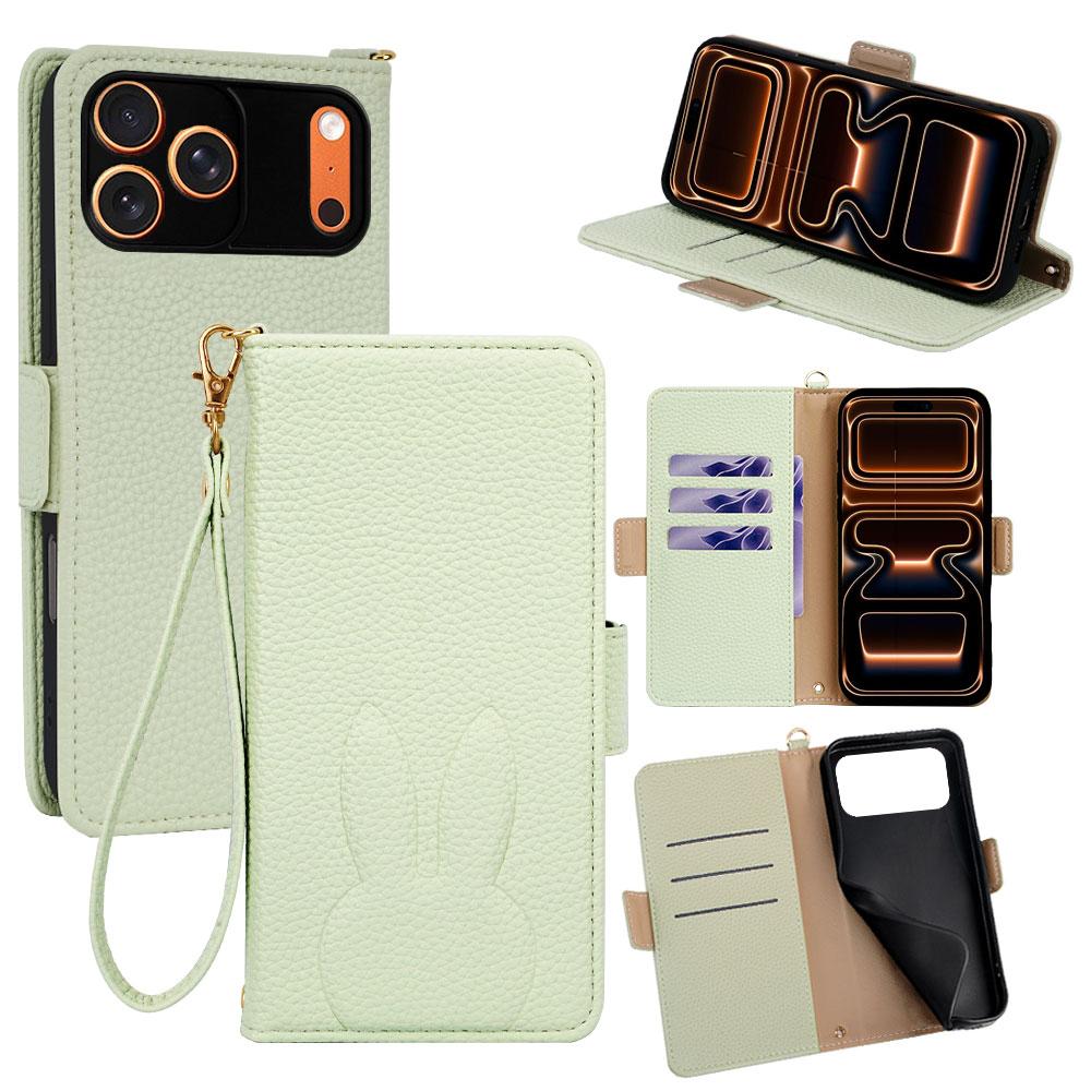 For iPhone 18 Pro Max / 17 Pro Max Bunny Ears Side Magnetic Clasp Vegan Leather Phone Case with Wrist Strap - Green - EDA010237917B