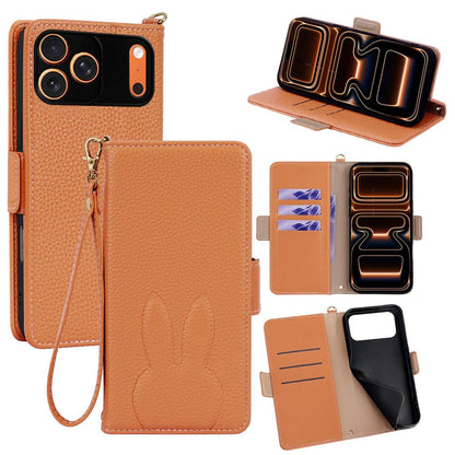 For iPhone 18 Pro Max / 17 Pro Max Bunny Ears Side Magnetic Clasp Vegan Leather Phone Case with Wrist Strap - Brown - EDA010237917C